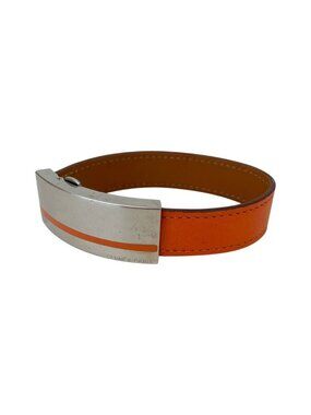 Hermes Pousse Pousse Buckle Leather Bracelet Bangle M Orange Silver